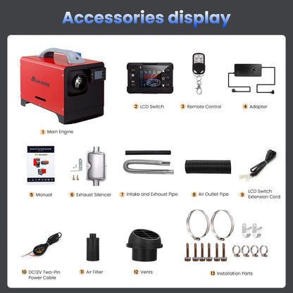 Mudiro 8KW Diesel Heater 12V/24V/240V – Bluetooth, Auto Start-Stop, LCD, High Altitude Mode