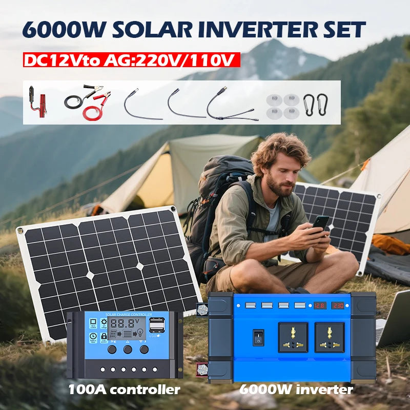 6000W Off-Grid Solar Inverter Kit – 600W Panel + 100A Controller, 12V/110V/220V