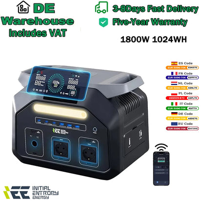 IEE P1800 Portable Power Station 1800W – 1024Wh EV-Grade LiFePO4, 3600W Peak, 11 Ports