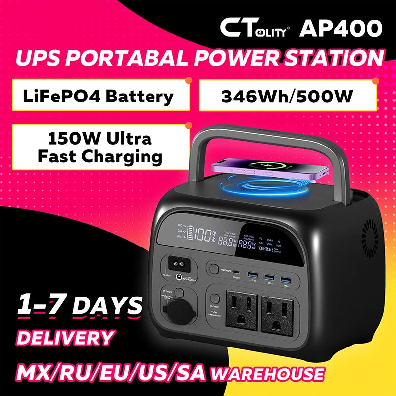 CTOLITY AP400 Portable Power Station 500W – 345Wh LiFePO4, 110V/220V, Solar Ready