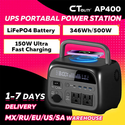 CTOLITY AP400 Portable Power Station 500W – 345Wh LiFePO4, 110V/220V, Solar Ready