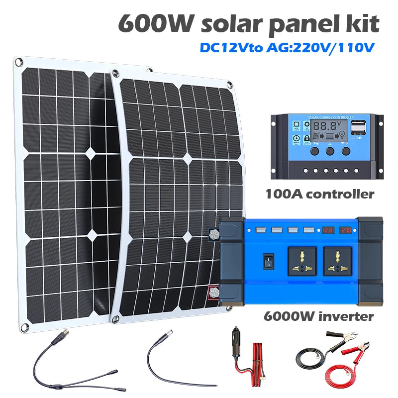 6000W Off-Grid Solar Inverter Kit – 600W Panel + 100A Controller, 12V/110V/220V