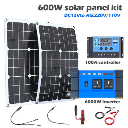 6000W Off-Grid Solar Inverter Kit – 600W Panel + 100A Controller, 12V/110V/220V