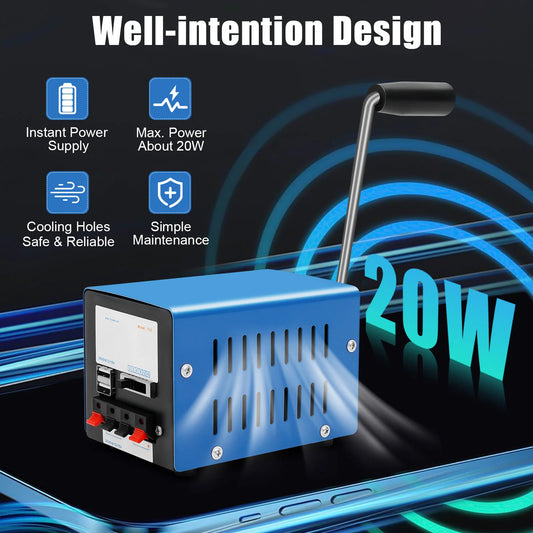 Hand Crank Generator 20W Portable Emergency Power Bank with 5V USB Output for Outdoor Survival Camping Travel Phone Charger