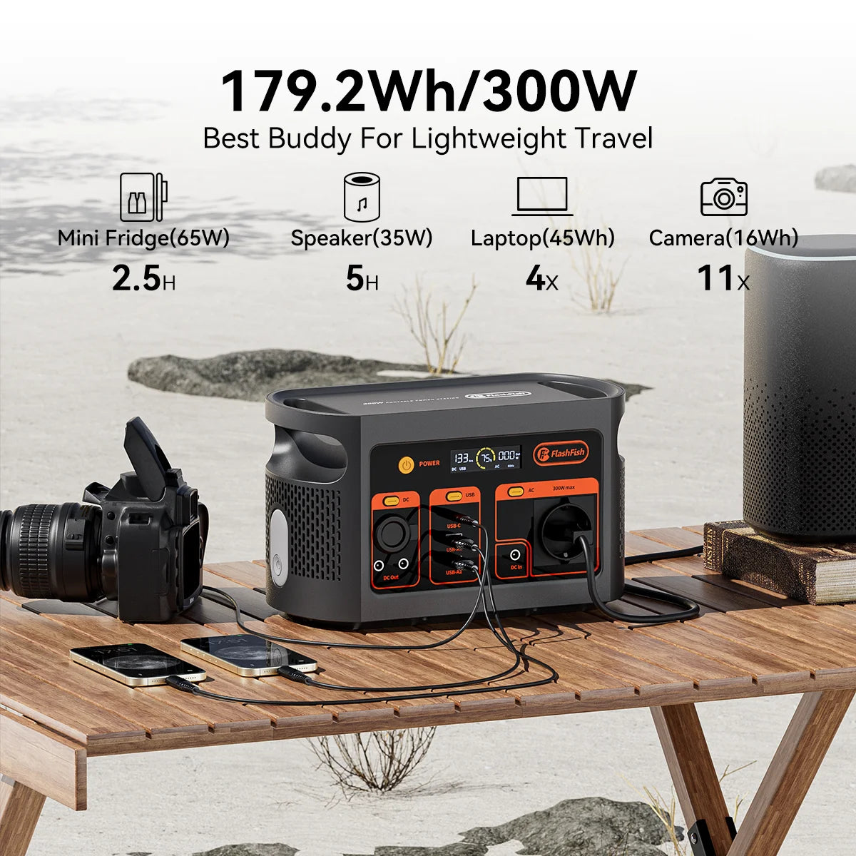 FF FlashFish E103 Portable Power Station 300W 179.2Wh LiFePO4 Battery Quick Charge 1.6H for Solar Panel AC DC Outdoor Power RV