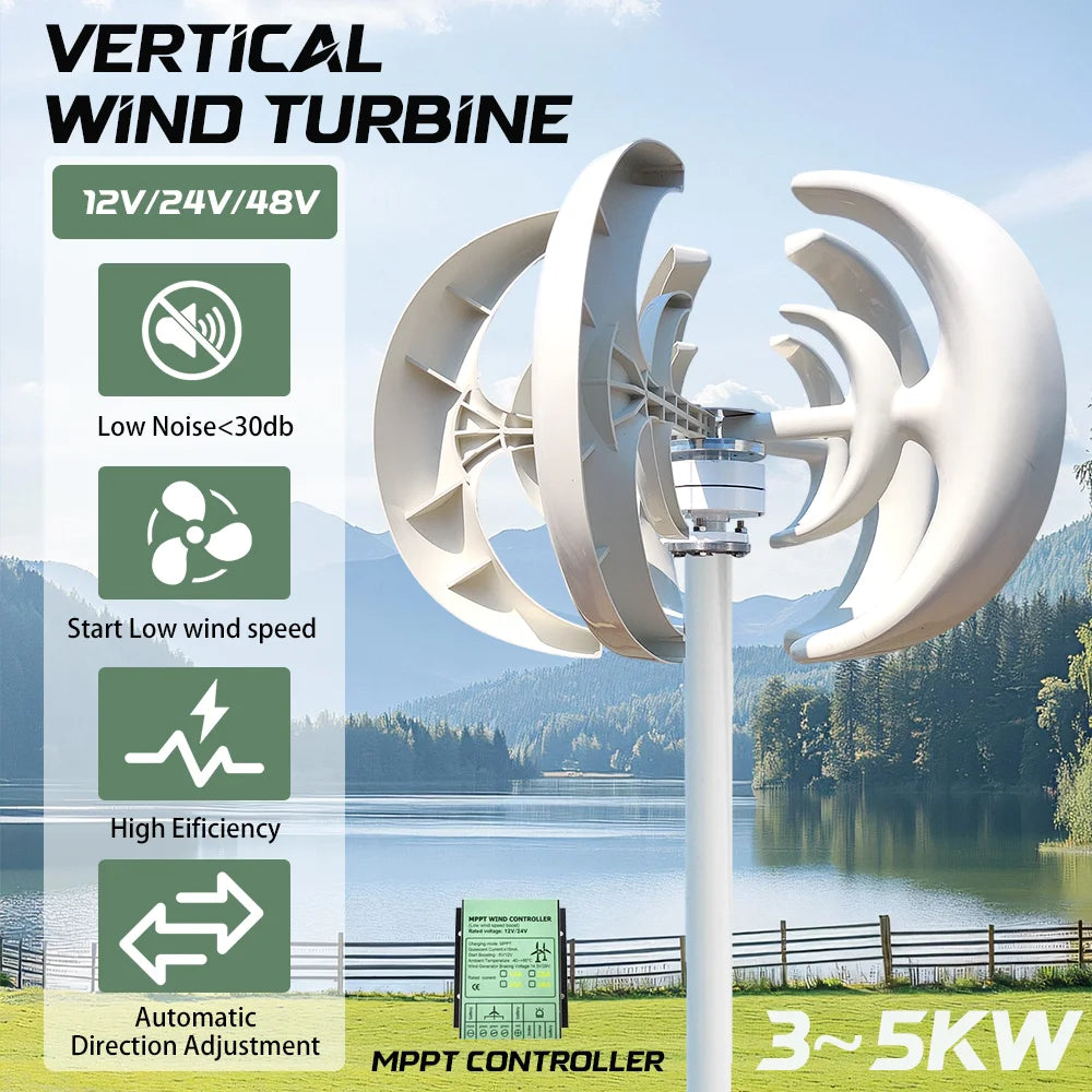 Vertical Wind Turbine Generator 3000W/5000W – 12V/24V/48V, MPPT Controller, for Home & Farm