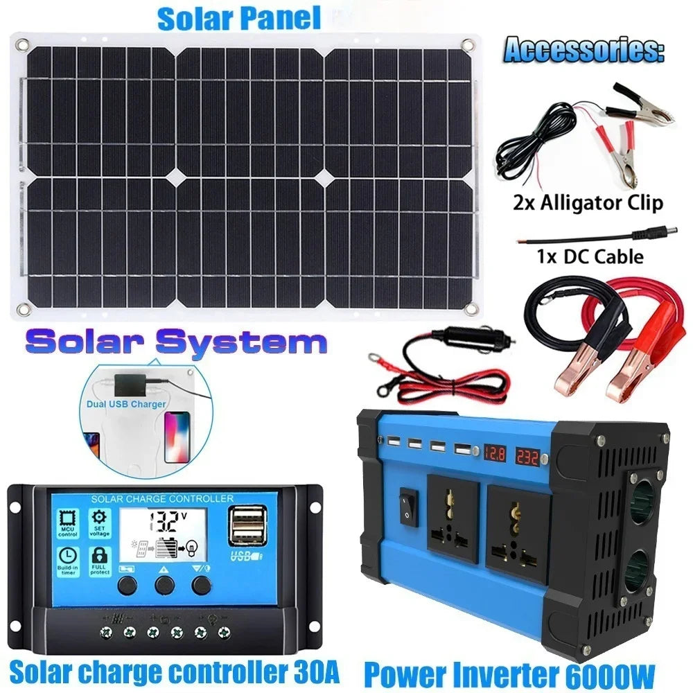 6000W Off-Grid Solar Inverter Kit – 600W Panel + 100A Controller, 12V/110V/220V