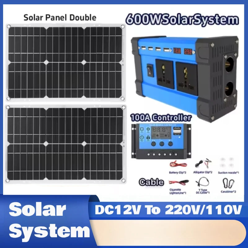 6000W Off-Grid Solar Inverter Kit – 600W Panel + 100A Controller, 12V/110V/220V