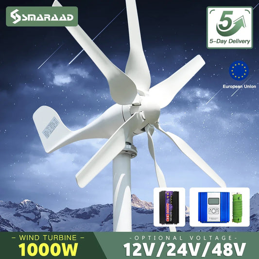 SMARAAD SS1000 Horizontal Wind Turbine Generator 1000W – 12V/24V/48V, MPPT, CE Certified